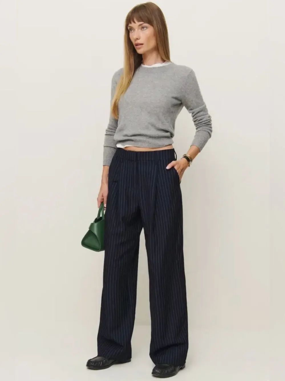 Reformation Navy Pinstripe Wide-Leg Trousers stripped Sz 2P